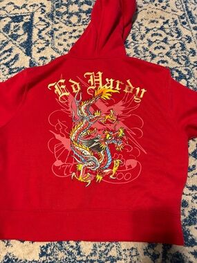 Ed Hardy Red Hoodie with Multicolor Dragon Back Graphic